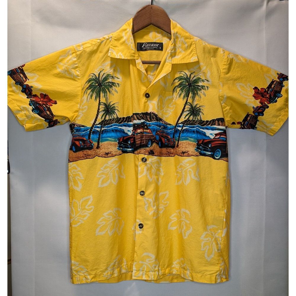 Vintage Favant Hawaiian Shirt Men's Small 100% Cotton Surf Cars Palm Trees